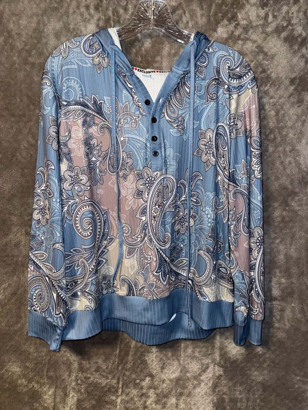 Exclusive Paisley Print Button-Up Hoodie Blue Size XL